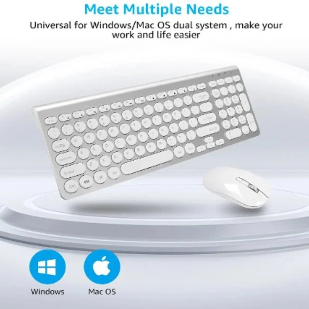 Compact Wireless Keyboard + Mouse Combo for Windows/Apple/Chrome (White/Silver)
